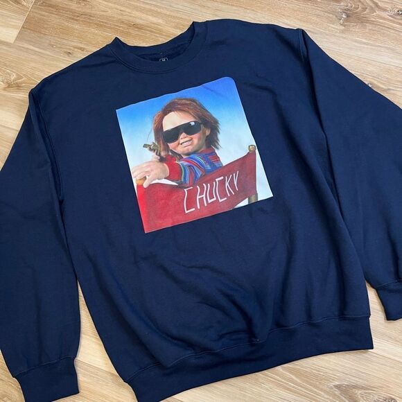 CHUCKY Directors Chair Blue Sweatshirt Size Medium - Picture 3 of 4
